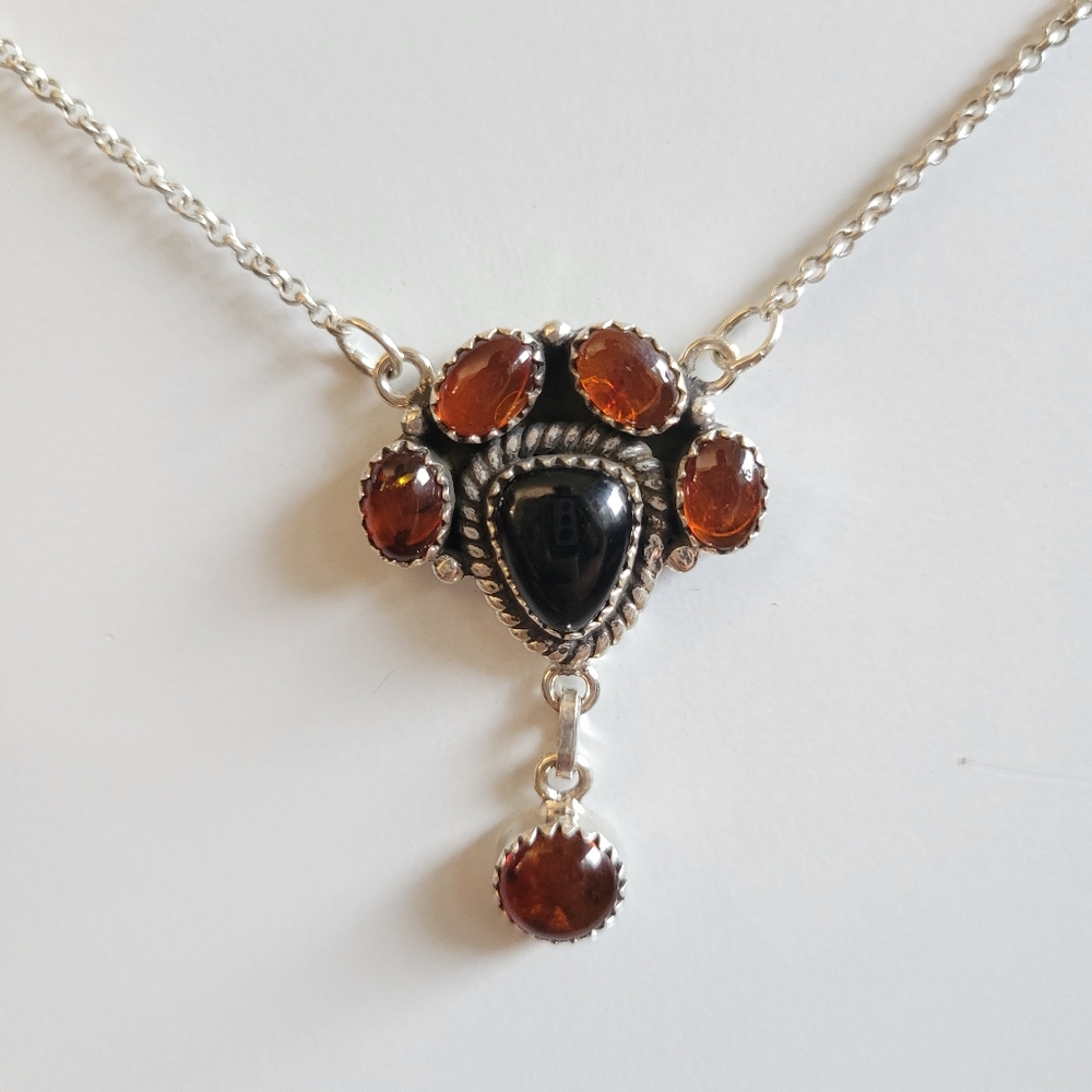🌿 Genuine Amber & Onyx Sterling Silver Necklace 🌿